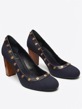 Tory Burch Derek Black Canvas Gold Logo Button Block Heel Pumps Size 7M